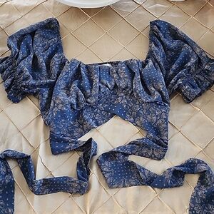 Euro Summer Puffed Ruffle Sleeve Tie Front Cropped Bandeau Shirred Top